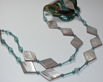 Diamond Shaped Irridescent Shells with Dusty Green Beaded Handmand Necklace