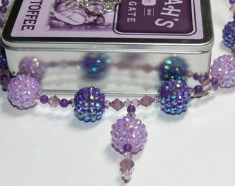 Sparkle, Sparkle & Sparkle Pave Purple/Pink Beaded Handmade Necklace with Drop Pendant; Purple Necklace; Pink Necklace