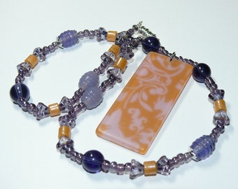 Flower-Animal Print Rectangle Pendant with Purple Beaded Handmade Necklace with Magnetic Closure; Purple Necklace