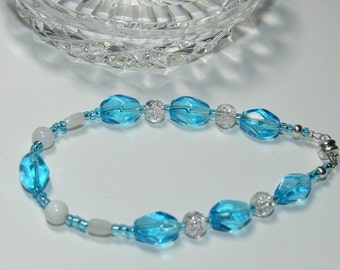 Aqua Blue and White Glass Bead Handmade Bracelet with Magnetic Closure; Blue Bracelet; Aqua Bracelet; Magnetic Closure Bracelet