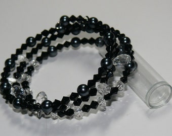 Black Swarovski/Black Pearls with Crystal Faceted Rondells and Teardrop Beaded Memory Wire Handmade Bracelet; Black Bracelet