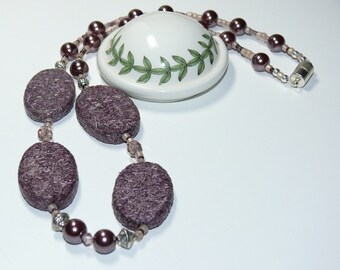 Purple Pressed Straw & Glass Pearl Bead Handmade Necklace; Purple Necklace; Straw Necklace