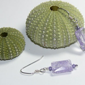 Lilac Cracked Glass Rectangular Bead with Swarovski Crystals Sterling Silver Dangle Earrings Lilac Earrings Purple Earrings image 2