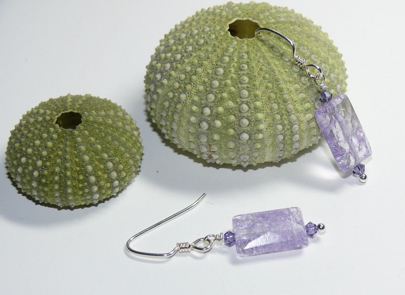 Lilac Cracked Glass Rectangular Bead with Swarovski Crystals Sterling Silver Dangle Earrings Lilac Earrings Purple Earrings image 2