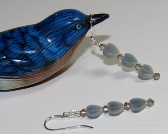 Ladies handmade dangle earrings with gray hearts & Swarovski gray crystals with sterling silver fishhook earwire; Heart Earrings