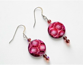 Round Coin Shaped Plum/Purple/Pink Dangle Drop Earrings/Sterling Silver Earwires/Matching Necklace