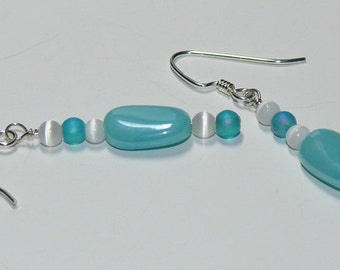 Czech Glass Light Aqua Luster Blue Sterling Silver Dangle Handmade Earrings; Aqua Earrings; Czech Beaded Earrings