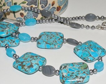 Turquoise & Gray Rectangle Bead and Grey Round Pearl Ladies Handmade Necklace