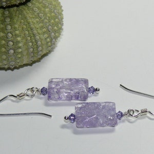 Lilac Cracked Glass Rectangular Bead with Swarovski Crystals Sterling Silver Dangle Earrings Lilac Earrings Purple Earrings image 3