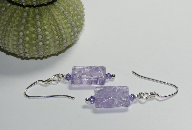 Lilac Cracked Glass Rectangular Bead with Swarovski Crystals Sterling Silver Dangle Earrings Lilac Earrings Purple Earrings image 3