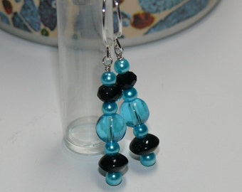 Blue/Black Round Glass & Turquoise Blue Pearl Beaded Handmade Dangle Earrings with Sterling Silver French Hoop Earwires;Blue Earrings