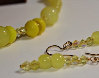 Ladies Glass Beaded Yellow Dangle-Drop Earrings; Yellow Earrings; Glass Earrings