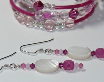 Charming Mother of Pearl Oval Bead with Honeysuckle Pink Beaded Dangle Sterling Silver Handmade Earrings; Pink Earrings; Oval Earrings