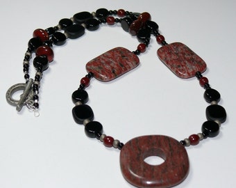 Red Jasper Pendant with Rectangles & Black Beaded Handmade Necklace; Pendant Necklace; Red Jasper Necklace