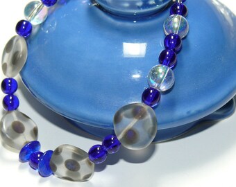 Blue Lapis Glass Round & Coin Glass Polka Dot Handmade Bead Bracelet; Blue Bracelet; Lapis Bracelet; Ladies Bracelet