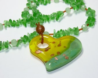 Green/Yellow/Copper Heart Pendant with Light Emerald and Mint Alabaster & Copper Handmade Beaded Necklace; Heart Pendant Necklace