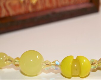 Ladies Yellow Glass Beaded with Swarovski Crystal Necklace with Toggle Closure; Yellow Necklace; Swarovski Necklace
