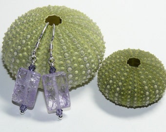 Lilac Cracked Glass Rectangular Bead with Swarovski Crystals Sterling Silver Dangle Earrings; Lilac Earrings; Purple Earrings