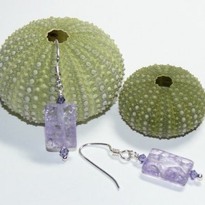 Lilac Cracked Glass Rectangular Bead with Swarovski Crystals Sterling Silver Dangle Earrings Lilac Earrings Purple Earrings image 5