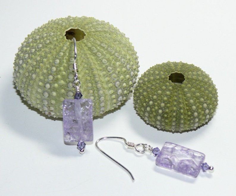 Lilac Cracked Glass Rectangular Bead with Swarovski Crystals Sterling Silver Dangle Earrings Lilac Earrings Purple Earrings image 5