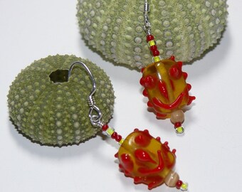 Smiley Face Yellow & Red Lampwork Dangle Sterling Silver Handmade Earrings; Smiley Face Jewelry; Red Earrings; Yellow Earrings; Fun Earrings