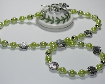 Glass Pearl Mint Green with Silver Accent Handmade Necklace; Green Pearl Necklace; Green Necklace