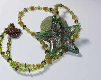 Lampworked Green Pendant Star on Copper & Green Beaded Handmade Necklace; Green Star Necklace; Star Pendant Necklace; Green Necklace