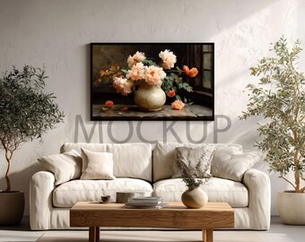 ヴィンテージ風の静物画 – 桃色の牡丹の花瓶（デジタルダウンロード）