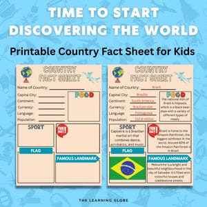 Puede incluir: Una hoja de datos del país imprimible para niños, con un globo, ilustraciones de aviones y cuadros de texto para los detalles del país. Una hoja está llena de información sobre Brasil, incluyendo su capital, moneda, idioma y población.