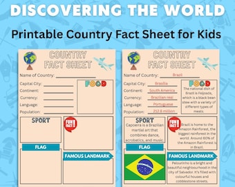 May include: A printable country fact sheet for kids, featuring a globe, airplane illustrations, and text boxes for country details. One sheet is filled with information about Brazil, including its capital, currency, language, and population.