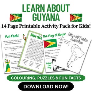 Guyana Printable Activity Pack for Kids Ages 5–10 | Educational Activities, Colouring, Quiz & Fun Facts