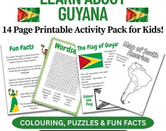 Guyana utskrivbart aktivitetspaket för barn i åldrarna 5–10 | Pedagogiska aktiviteter, målarbilder, frågesport och roliga fakta
