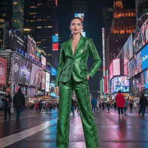 Puede incluir: Un traje verde con estampado de piel de serpiente, que incluye una chaqueta y pantalones a juego, es usado por una persona en una calle de la ciudad por la noche. El traje tiene un diseño clásico. El fondo presenta vallas publicitarias brillantes y luces de la ciudad.