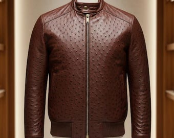 Men's Handmade Embossed Ostrich Leather Jacket Luxury Exotic Outerwear