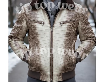 May include: A cream and brown leather jacket with a crocodile skin pattern. The jacket has a brown fur collar, two zippered chest pockets, and a ribbed hem and cuffs. The jacket is zipped up and has the text "top wear" in the image.