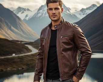 Handmade Brown Leather Jacket Men's Classic Slim Fit