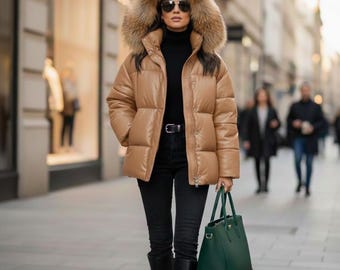 Stilvolle Frauen Leder Kugeljacke Mit Fuchspelz Kapuze Gesteppter Wintermantel Mode Oberbekleidung