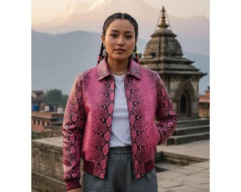 Genuine Leather Snake Print Jacket For Women High Fashion Streetwear Jacket
