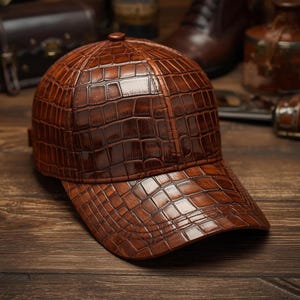 Puede incluir: Gorra de béisbol de cuero marrón con un patrón texturizado similar al de un cocodrilo. La gorra tiene una visera curva y un botón en la parte superior. El sombrero está hecho de cuero marrón oscuro brillante.
