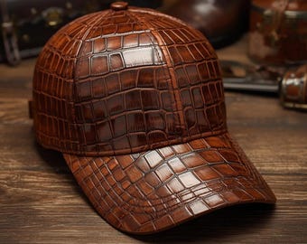 Boné de beisebol artesanal em couro de crocodilo, estilo streetwear de luxo.