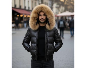 Chaqueta acolchada de piel sintética con capucha de piel para hombre, abrigo de invierno