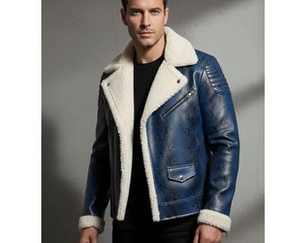 Veste en cuir imprimée élégante avec col en fourrure pour homme Veste motard style streetwear
