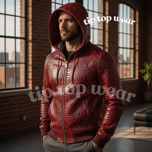 Luxus-Reißverschluss-Kapuzenjacke Herren Exotic Snake Print Embossed Leather Hoodie Modern Streetwear Style