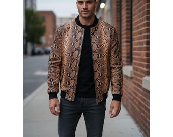 Stylish Men Leather Jacket Modern Streetwear Snake Print Bomber Style Fashion Jacket