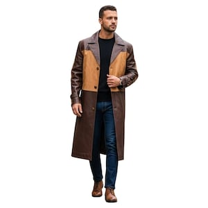 Men&#39;s Two-Tone Brown Leather Long Coat: Genuine Leather, Classic Trench Style