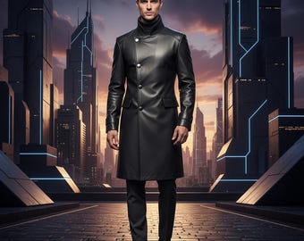 Men's Genuine Leather Long Coat - Handmade Vintage Style
