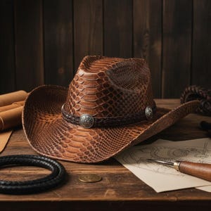 Może przedstawiać: Brązowy kapelusz kowbojski z wzorem skóry węża. Kapelusz ma pleciony skórzany pasek z ozdobnymi srebrnymi guzikami. Leży na drewnianej powierzchni z innymi wyrobami skórzanymi i narzędziami.