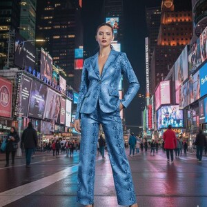 Puede incluir: Un traje azul claro con estampado de piel de serpiente, compuesto por una americana y un pantalón a juego. La americana tiene solapas con muescas y dos bolsillos delanteros. El pantalón es de pernera ancha. El traje lo lleva una persona de pie en una calle de la ciudad por la noche.