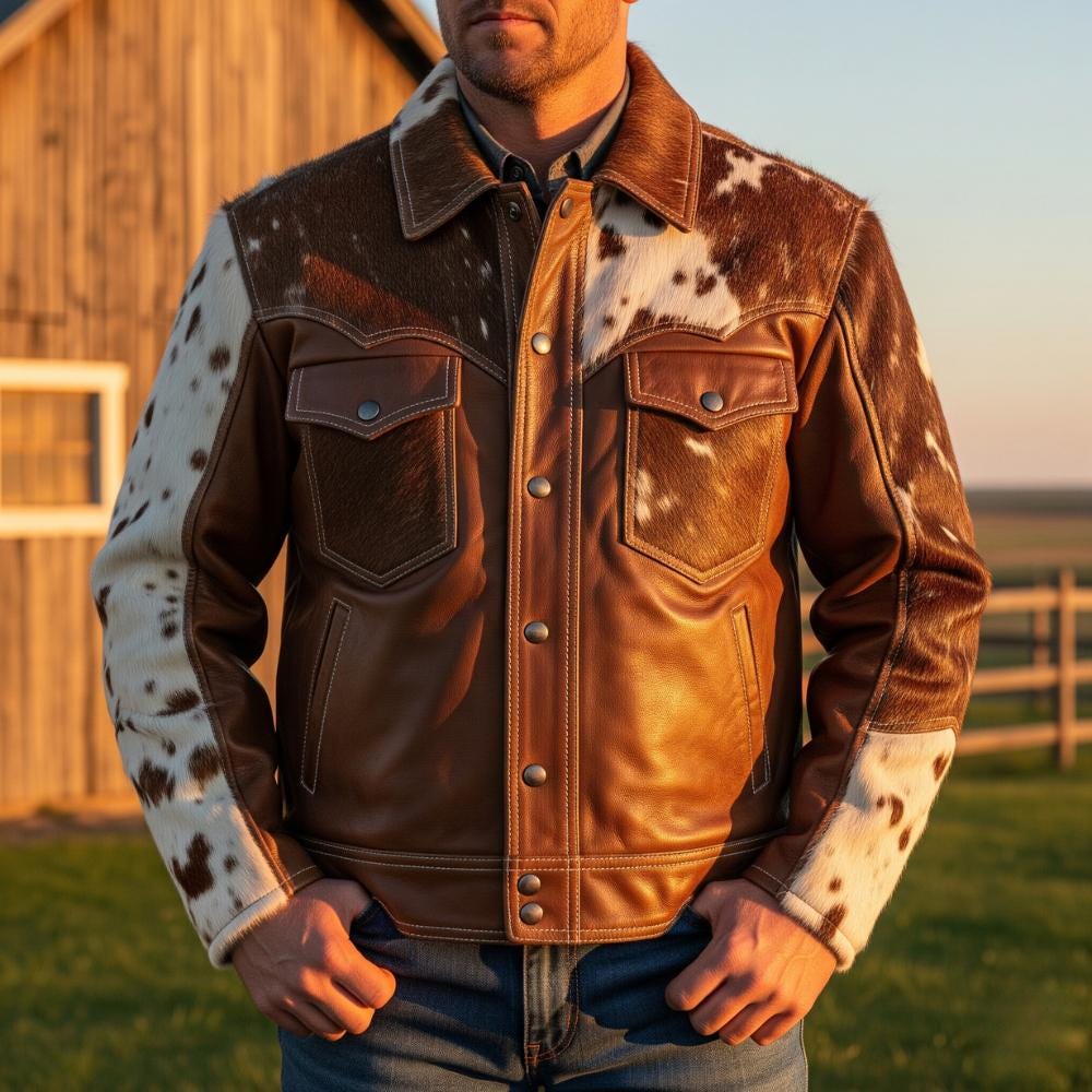 Hair on Cowhide Leather Biker Jacket Men Western Outerwear - Etsy