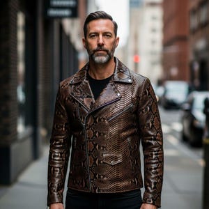 High Quality Custom Man’s Snakeskin Biker Jacket, Motor Python Leather Jacket, Brown Leather Jacket For Man